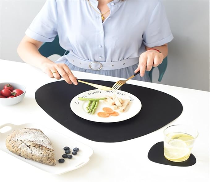 Leather Pads Nordic Creatives Dinette Mat Triangle Elliptical Waterproof Oil Insulated Dining Table Placemat and Coaster Set(Dark Gray)