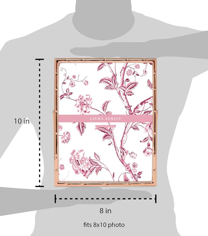 Laura Ashley 8x10 Rose Gold Bamboo Metal Picture Frame (Vertical) with Pull-Out Easel Stand, Made for Tabletop, Counterspace, Shelf and Desk