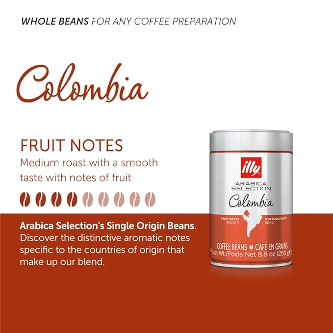 illy Whole Bean Coffee, Colombia Single Origin Medium Roast, 100% Arabica, Premium Italian Coffee, Ideal for Espresso, Drip, Moka and French Press Brewing, 8.8oz, 6 Pack