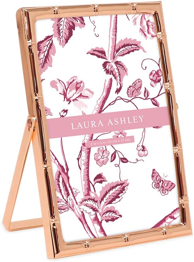 Laura Ashley 4x6 Rose Gold Bamboo Metal Picture Frame (Vertical) with Pull-Out Easel Stand, Made for Tabletop, Counterspace, Shelf and Desk