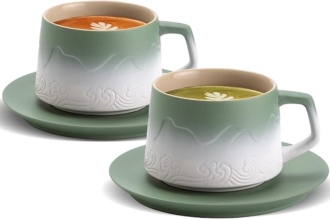 ZENS 8 Ounce Artistic Cappuccino Cups Set of 2, Embossed Ceramic Coffee Mug with Saucers for Latte Art, Moss Green & White