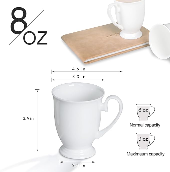 Luxury Fine Bone China White Coffee Mugs Set of 2 (8 oz), Ceramic Euro Style Tea Cups, Elegant Durable Coffee Cups Set for Gifts, Women, Men, Mom, Dad, Wedding