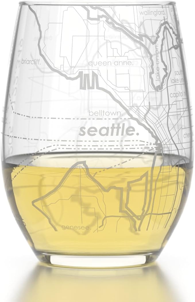 Well Told Engraved Seattle Washington Map Stemless Wine Glass, Etched Glassware (15 oz, Clear) City Map Gift, Custom Barware, Gifts for Wine Lovers