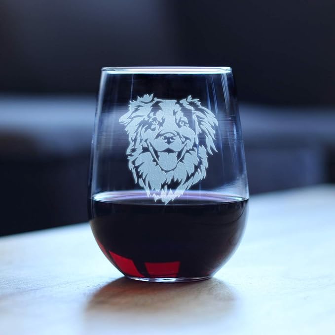 Australian Shepherd Face - Stemless Wine Glass - Unique Dog Themed Decor and Gifts for Lovers of Aussies - Large 17 Ounce
