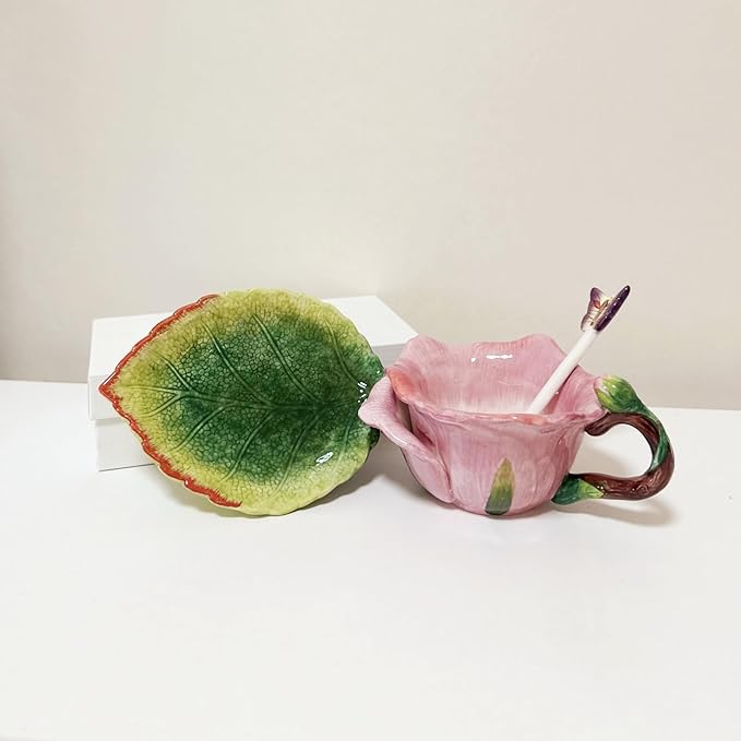 Ceramic Tea Cup and Saucer Set ，6OZ 3D Hand-Painted Flower and Lotus Leaf Coffee Mug，Gift for Women- Dark Pink Rose