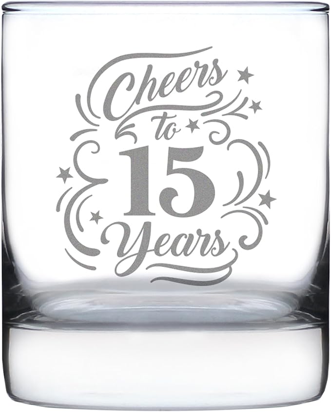 Bevvee Cheers to 15 Years - Whiskey Rocks Glass Gifts for Women & Men - 15th Anniversary Party Decor - 10.25 Oz Glasses