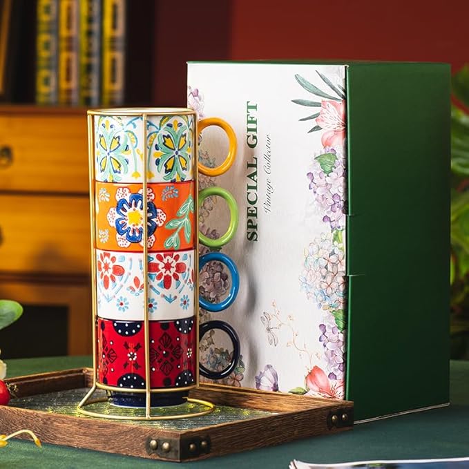 Floral Stackable Ceramic Coffee Mugs - Set of 4 with Stand, 12.5 oz Multi-Color Porcelain Cups for Latte, Cappuccino, Tea, Hot Cocoa - Dishwasher & Microwave Safe (Floral)