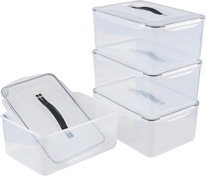15 L Clear Airtight Rectangular Storage Container for Food, Set of 4 Plastic Clear Food Storage Container with Latch Lid and Handle