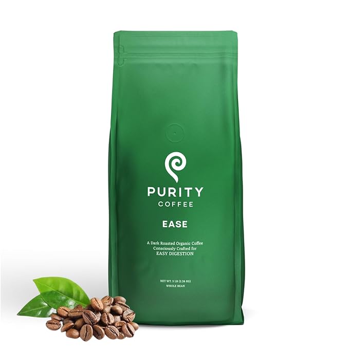 Purity Coffee EASE Low Acid Dark Roast Whole Bean (5lb Bag) | Specialty-Grade USDA Organic Arabica Blend | Third Party Tested for Mold, Mycotoxins & Pesticides