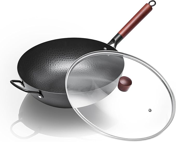 WANGYUANJI Carbon Steel Wok with Lid, 13.4" Hand Hammered Stir Fry Pan with Detachable Wooden Handle, Flat Bottom Wok Pan for Electric, Induction & Gas Stoves, No Coating (Black)