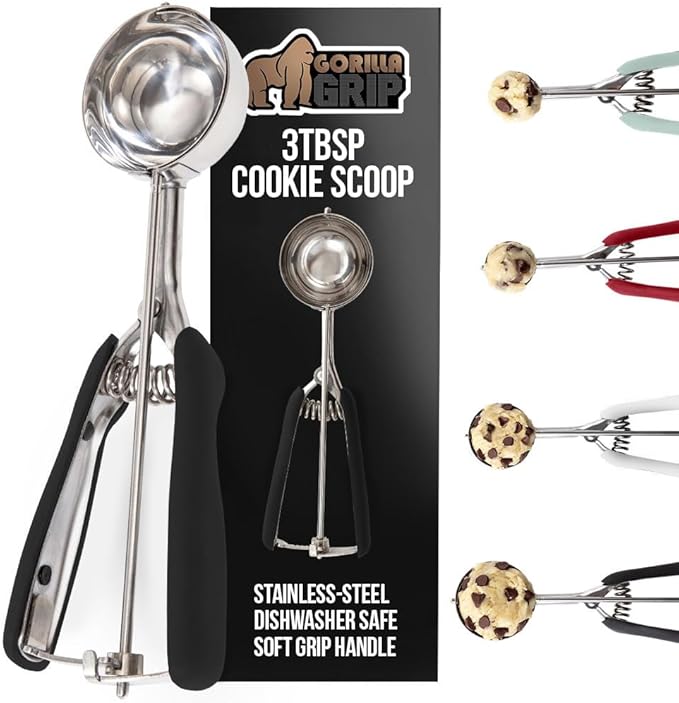 GORILLA GRIP BPA-Free Stainless Steel Cookie Scoop, 3 TBSP Scooper #20, Soft Grip Handle, Easy Food Release, Create Even Portion Sizes, Multipurpose Kitchen Melon Baller, Meatball Spring Scoops, Black