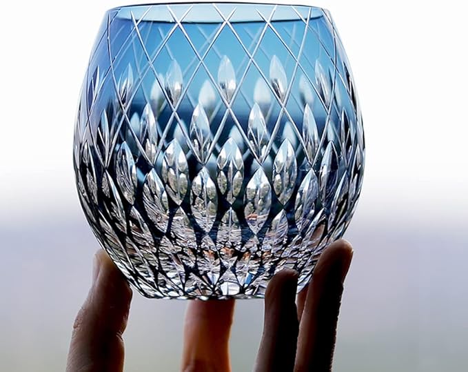 JINZHI Japanese Style EDO Kiriko Whiskey Glasses 11OZ Unique Shape Colored Hand Carved Glass Tumbler for Bourbon Lovers - Style Glassware for Rum - Rocks glasses in Gift Box (Blue)