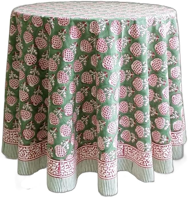ATOSII Roma Green 100% Cotton Round Tablecloth, Handblock Print Floral Table Cloth for Kitchen Dining Linen I Parties, Weddings, Outdoors, Spring Summer Decor I 90" Inches Round