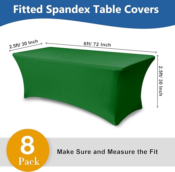 Stretch Table Cover for 6 Foot Rectangle Tables-8 Pack Green Spandex Fitted Tablecloth-Elastic 6ft Christmas Tablecloths for Party, Vendor Booth Display, Banquet Event, Craft Trade Show