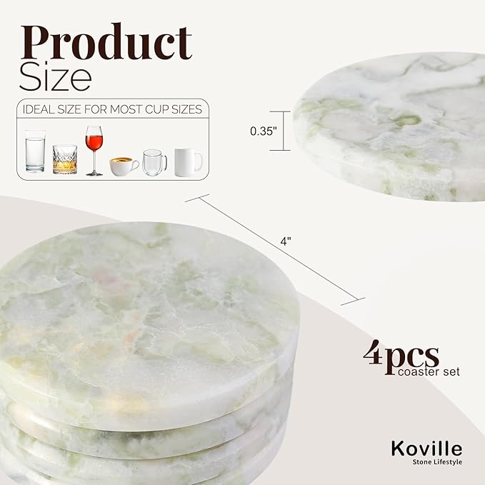 Koville Marble Coaster Set of 4, Round White Coasters, 4" Cup Coasters for Drinks, Heat Resistant Coaster for Coffee Table Home Office Bar Decor(Bianco Palomino)