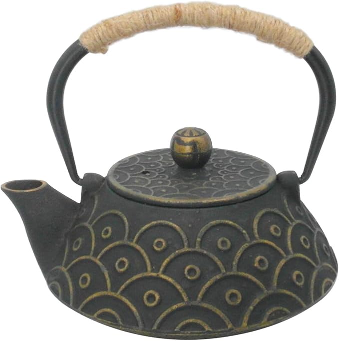InnoLife Cast Iron Teapot with Stainless Steel Infuser, Japanese Tea Pot for Loose Leaf, Tea Kettle with Enameled Interior, Fish Scale Pattern 900ml/30oz