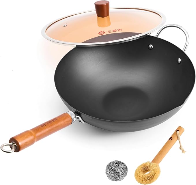 WANGYUANJI 13.4" Flat-Bottom Iron Wok with Glass Lid, Uncoated Stir-Fry Pan, Fast-Heating Refined Iron, Induction/Gas/Electric Compatible, Wooden Handle & Helper Ring (Seasoning Required)