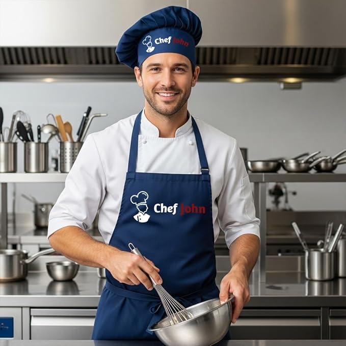 Chef Apron with Custom Name, Personalized Apron with Pockets, Adjustable Neck, Unique Gift for Men, Women, Dad or Mom