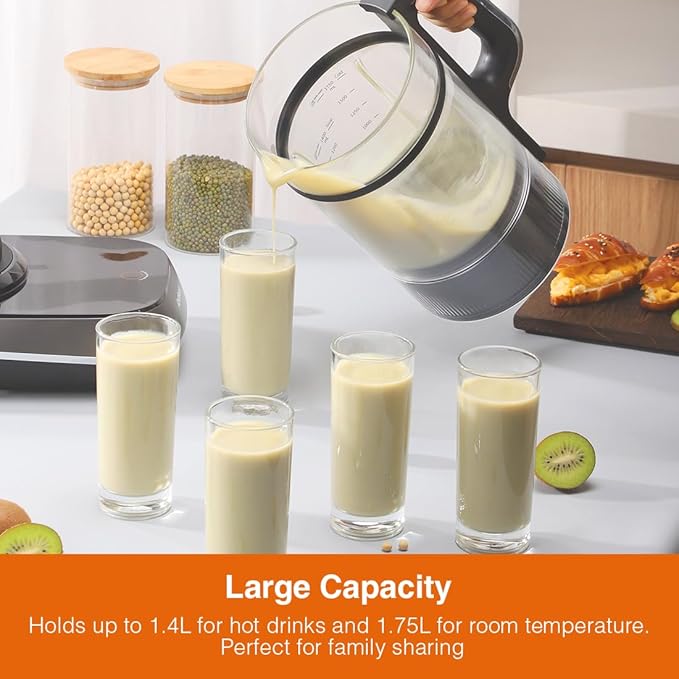 Joydeem Soymilk Maker Machine, Heated Blender with Grind Cup, Low Noise Variable Frequency Brushless Motor, 1.75L Capacity, Black, JD-B1Pro