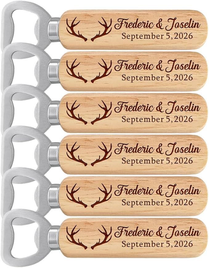 Personalized Wedding Favor Gifts for Guest, Wooden Bottle Openers Set with customized Couple's Names & Wedding Date, Set of 6-150 with Optional Thank You Cards