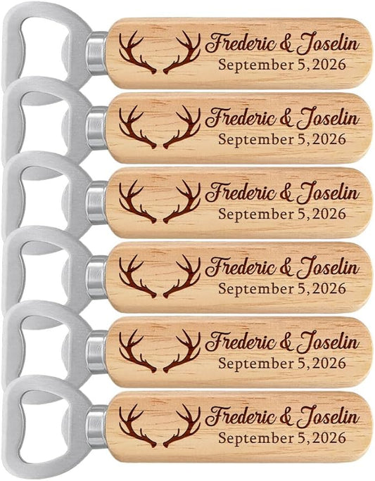 Personalized Wedding Favor Gifts for Guest, Wooden Bottle Openers Set with customized Couple's Names & Wedding Date, Set of 6-150 with Optional Thank You Cards