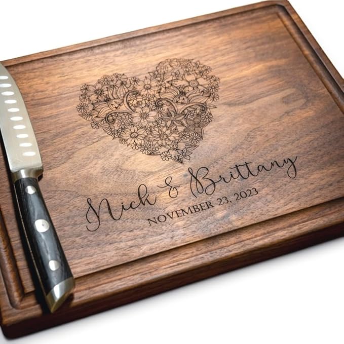 Personalized Cutting Board - Bridal Shower, Newlyweds, Engagement, Anniversary, Housewarming Gifts for Couples - Family Christmas Charcuterie Board (Floral Heart 004)