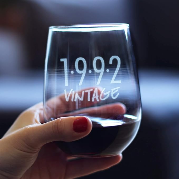 Bevvee Vintage 1992 Stemless Wine Glass - 34th Birthday Gifts for Women & Men Turning 34 - Bday Party Decor - Large 17 oz