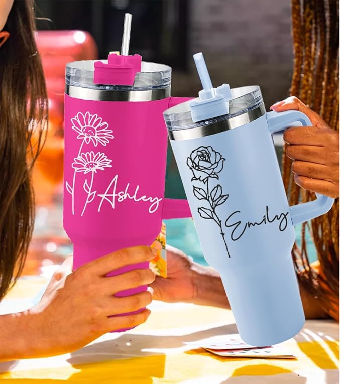 Ships Next Day,Birth Flower 40 Oz Tumbler with Handle and Straw, Personalized Tumbler with Name Insulated Cup Reusable Stainless Steel Water Bottle Travel Mug Christmas Birthday Gifts for Women