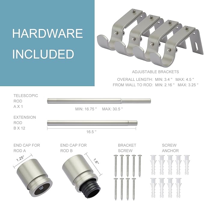 Curtain Rods for Windows 16 to 200 Inches Adjustable Length 1 Inch Diameter Window Curtain Rod with Aluminium End Cap, Brushed Nickel