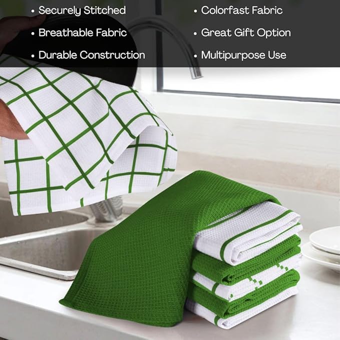 Assorted Waffle Kitchen Dish Towels 100% Cotton Set of 6, Soft Absorbent Quick Drying Table and Kitchen Linen, Tea Towels and Cleaning Towels with Hanging Loop, Dish Towels 15x25 Green