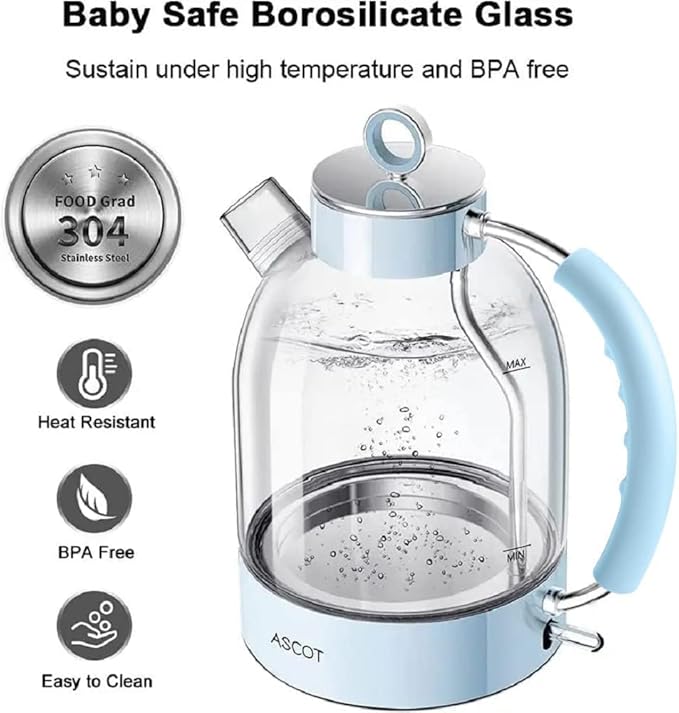 ASCOT Electric Kettle, Glass Electric Tea Kettle Gifts for Men/Women/Family 1.6L 1500W Borosilicate Glass Tea Heater, with Auto Shut-Off and Boil-Dry