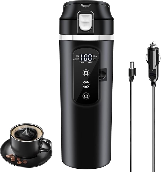 DC 12V/24V Car Travel Electric Kettle, 400ml Car Heating Mug with Anti-Spill Lid, Leak-proof, 304 Stainless Steel Liner Portable Coffee Tea Cup Up to 100℃ Variable Temp Control Bottle