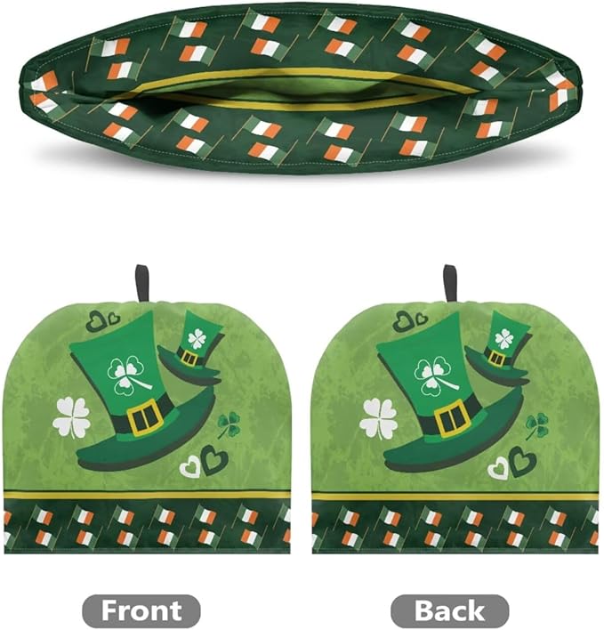 Tea Cozy for Teapots with Handle, St. Patrick's Day Shamrock & Irish Flag Print Dust Insulated Cover, Hanging Fold-Up Design, Suitable for Kitchen and Living Room Table Decoration