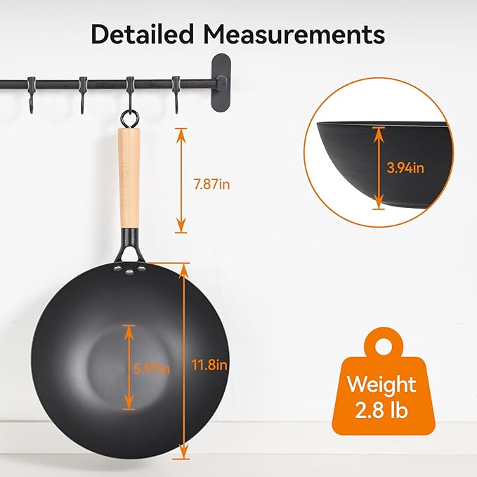 11.8 Inch Carbon Steel Wok, Flat Bottom Stir Fry Pan with Glass Lid, Uncoated High-Purity Iron Wok for Family Meals, Compatible with Gas, Electric & Induction Cooktops