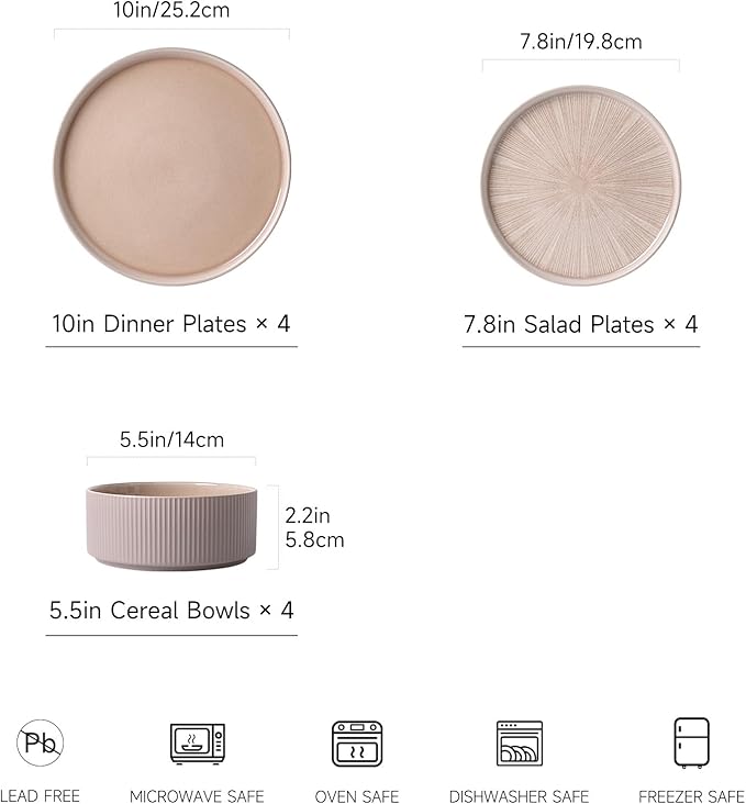 Dinnerware Sets for 4, Ceramic Plates and Bowls Set 12 Piece Dinnerware Chip Resistant Stoneware, Dishwasher and Microwave Safe-Brown