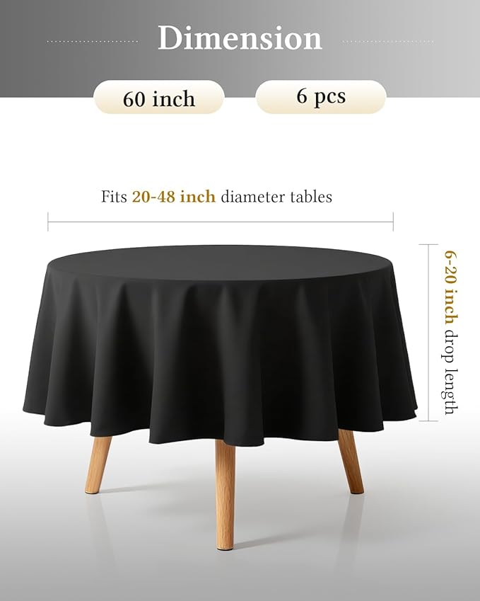 BESTVIP 6 Pack 60inch Round Polyester Tablecloths - Fabric Washable Decorative Table Cover for Parties, Weddings, Holiday, Events, Restaurant (Black)