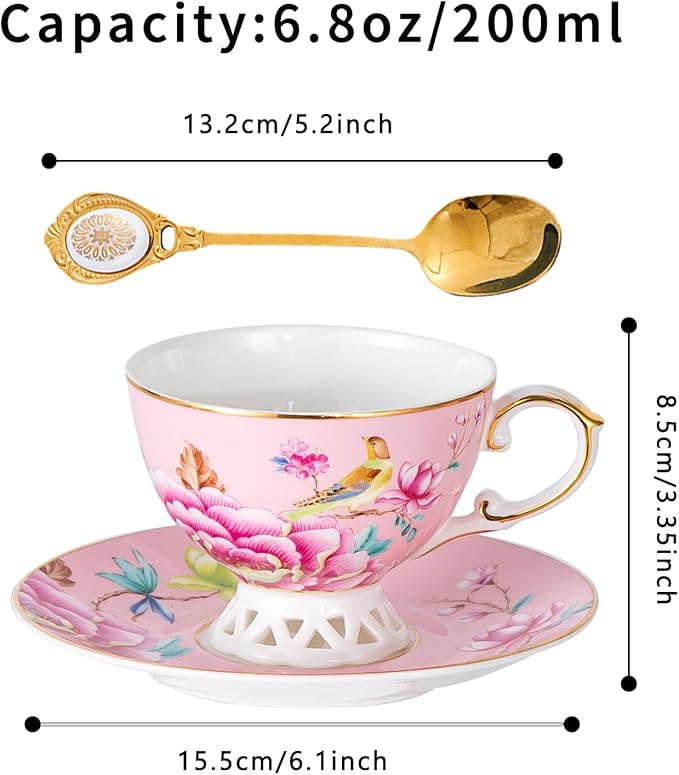 Bone China Cup & Saucer Set, Vintage Ceramic Coffee Cup with Gold Trim, Porcelain Floral Tea Cup with Saucer Spoon, Dishwasher Safe, Food Grade Coffee Mug for Tea Party, Gifts Giving, 6.8 oz