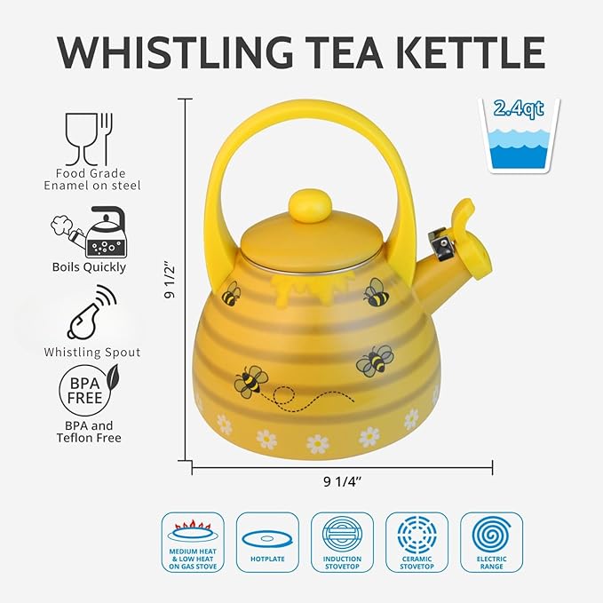 Whistling Tea Kettle for Stove Top Enamel on Steel Teakettle, Supreme Housewares Bee Hive Design Teapot Water Kettle Cute Kitchen Accessories Teteras (2.4 Quart, Bee Hive)