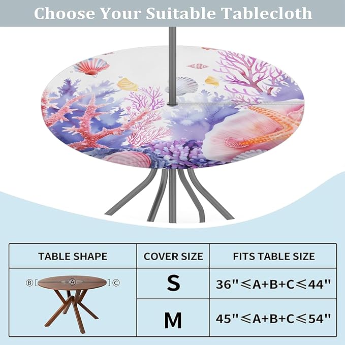 Fitted Round Tablecloth with Umbrella Hole and Zipper Coral Conch Outdoor Circle Tablecloth with Elastic 45"-56" Waterproof Oil-Proof Patio Table Cover for Picnic Camping Party