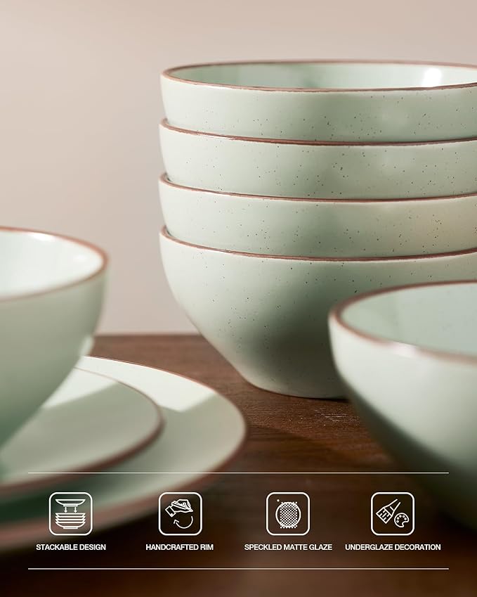 Famiware Venus Plates and Bowls Sets, 12 Pieces Stoneware Speckled Dinnerware Sets, Dishes Set for 4, Microwave and Dishwasher Safe, Matte Light Green