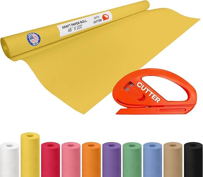 Yellow Kraft Paper Roll 48" x 1200" (100 feet) with Cutter - USA-Made Gift Wrapping Paper for Packing, Moving, Shipping & Crafts/Arts - 100% Recyclable Natural Craft Material by IDL Packaging