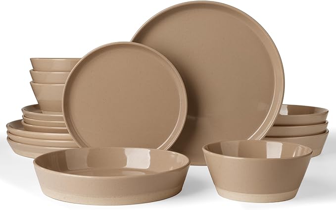 Famiware Saturn 16 Pieces Plates and Double Bowls Sets for 4, Stoneware Dinnerware Set with Pasta Bowl, Dish Set with Trim - Chip & Scratch Resistant, Microwave & Dishwasher Safe, Cinnamon Brown
