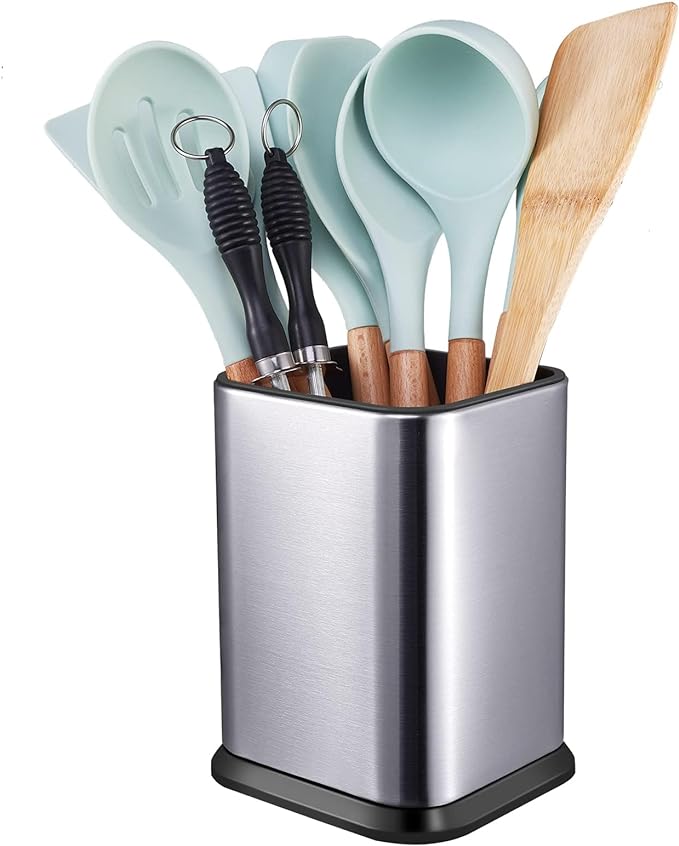 RedCall Stainless Steel Kitchen Utensil Holder for Countertop, Spoon Spatula Organizer,Modern Rectangular Large Cooking Utensil Caddy Counter,Utensil Crock Silver