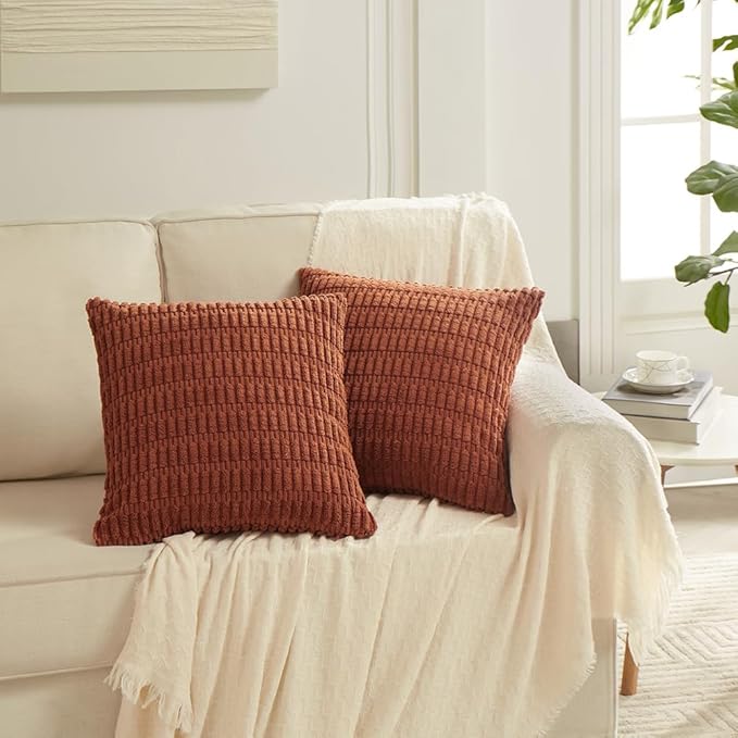 Fancy Homi 4 Packs Rust Small Decorative Throw Pillow Covers 14x14 Inch for Living Room Couch Bed Sofa, Rustic Farmhouse Boho Home Decor, Soft Plush Striped Corduroy Terracotta Cushion Case 35x35 cm