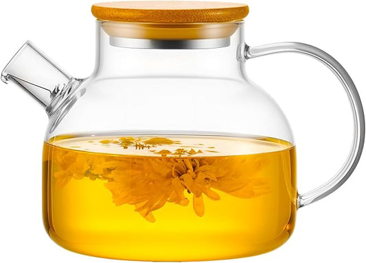 PARACITY Glass Teapot Stovetop 20 OZ/600ml, Borosilicate Clear Tea Kettle with Bamboo Lid, Glass Tea pot with Removable Filter Spout, Teapot Blooming and Loose Leaf Tea Maker Tea Brewer for Camping