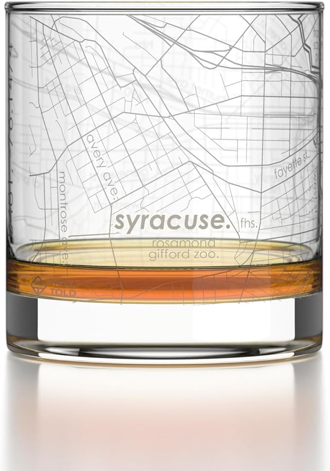 Well Told Engraved Syracuse New York Map Rocks Glass, Old Fashioned Glassware (11 oz, Clear) Etched Bourbon Tumbler, Gifts For Whiskey Lovers