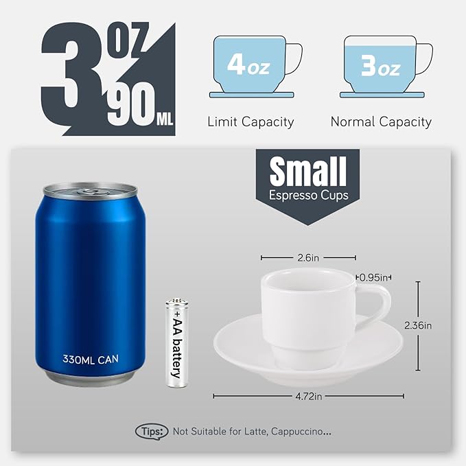 Lareina 3-Ounce Espresso Cups with Saucers, Spoons and Metal Stand, Small Stackable Coffee Cups Set of 4, Ceramic Demitasse Mugs, White