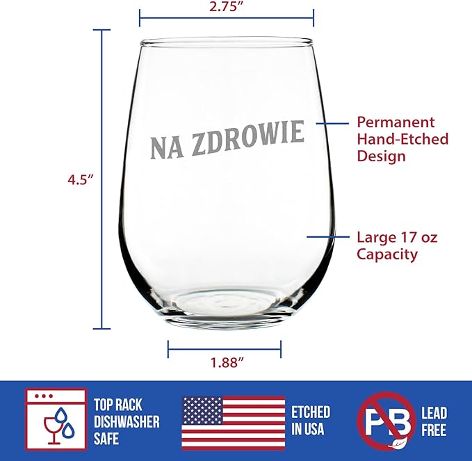 Custom Na Zdrowie Polish Cheers - Personalized Stemless Wine Glass - Cute Poland Themed Gifts or Party Decor - Large 17 Ounce - Customized Wine Glass Gift