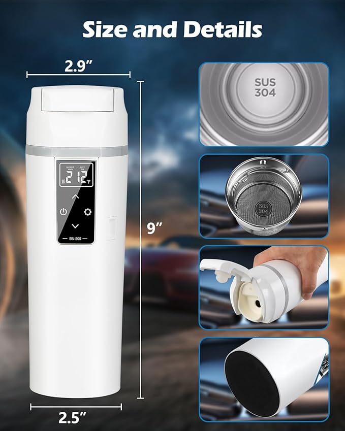 Car Travel Electric Kettle 12V/24V :450ML Tea Coffee Kettle Water Boiler, Portable Water Heater with Temperature Control, 304 Stainless Material, LED Display and Boil Dry Protection (White)