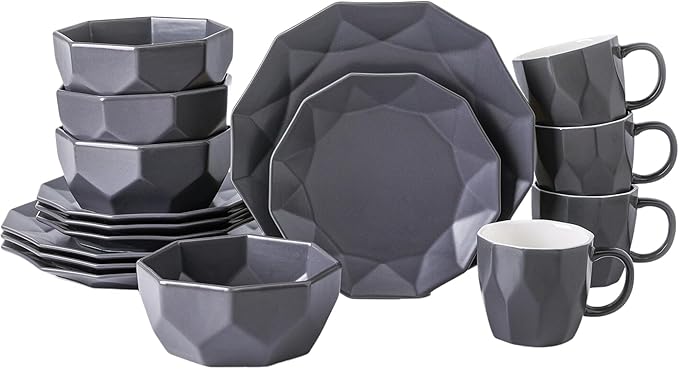 Stone + Lain Jamie Porcelain 16-Piece Geometric Dinnerware Set, Grey